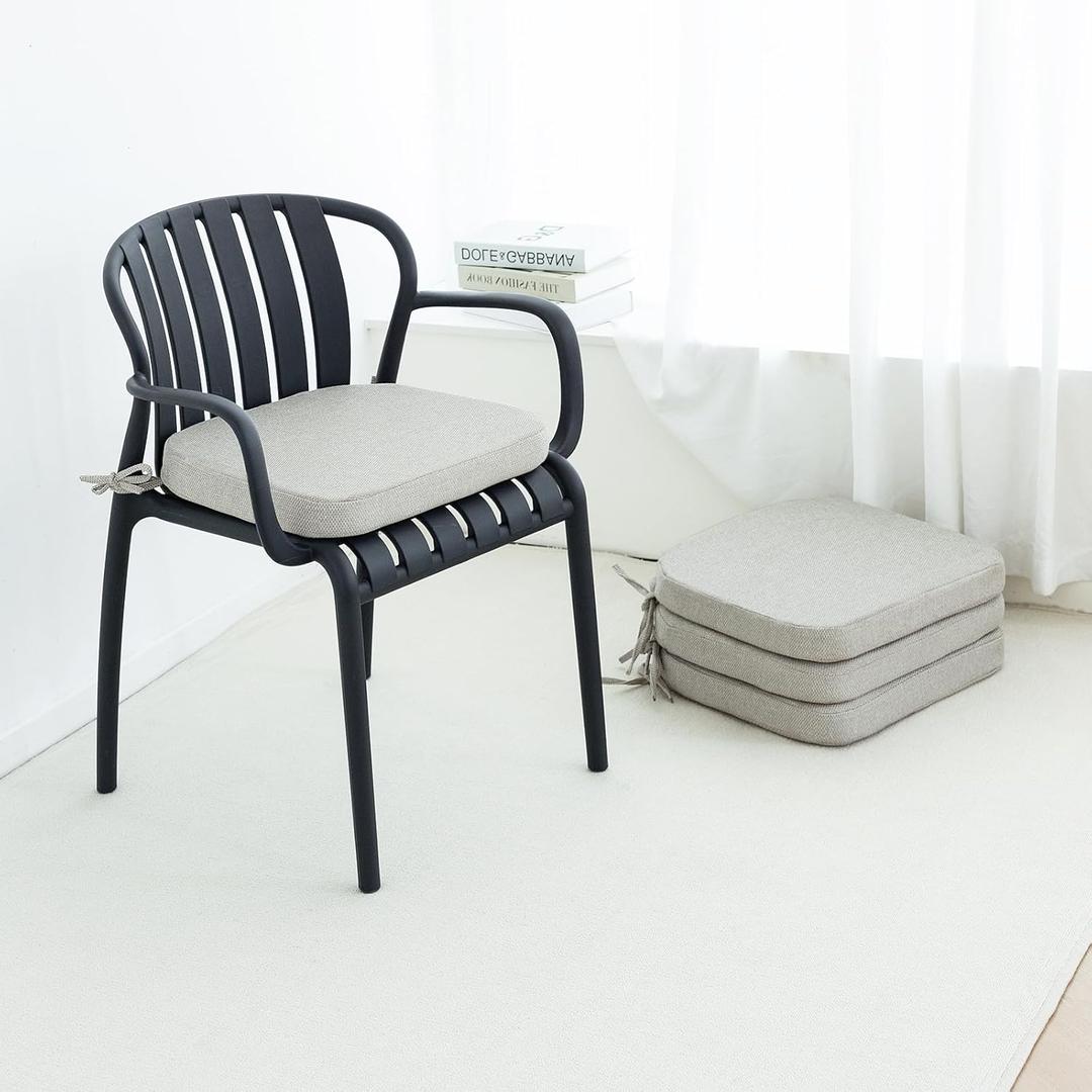 Helios&Hestia Indoor Dining Chair Cushions with Ties for Kitchen, Outdoor Seat Pads with Removable Cover, Non-Slip Bottom, Waterproof, High-Resilient Foam, 17" x 16" x 2", Set of 4, Beige