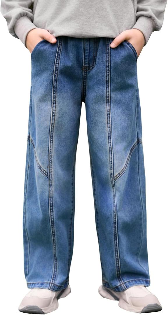Haloumoning Boys Wide Leg Jeans Kids Casual Straight Baggy Denim Pants with Pockets 5-14 Years (Blue) 140