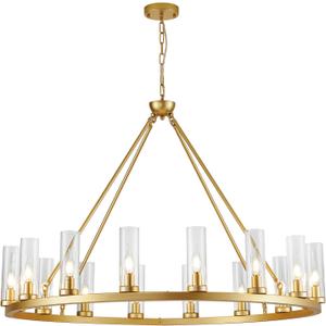 Farmhouse Wagon Wheel Chandelier,D42 16 Light Gold Industrial Rustic Chandelier Lighting, Round Kitchen Island Pendant Light with Clear Glass(42in-16 Lights)