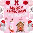 Holkcog Pink Gingerbread Man Christmas DecorationsPink Winter Candy House, Happy Merry Birthday Theme Banner, Candy, Bowknot, Santa Claus' Stocking Balloons for Birthday Party, Baby Shower Decor