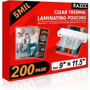 RAZCC Laminating Sheets, 200 Pack Clear Thermal Laminating Plastic Paper Laminator Sheets, 9 x 11.5-Inch, 5mil, Ideal Office or School Supplies