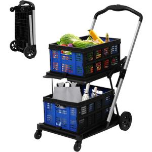 Collapsible Shopping Cart with 2 Bins Grocery Cart on Wheels Multi Use Two Tier Folding Cart for Farmers Market,Kitchen,Grocery Shop