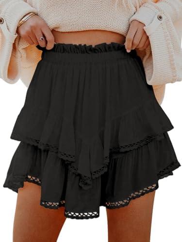 Aoudery Flowy Shorts for Women Casual Boho Ruffle Tiered Skorts High Waist Mini Skirts Golf Tennis Crochet Shorts, XL Black