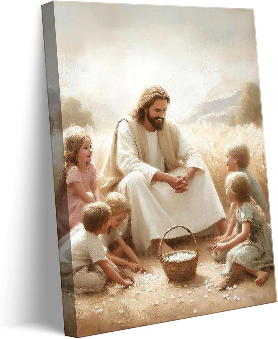 Jesus With Kids Canvas Wall Art Jesus Taught the Children Wall Decor Picture Christian Faith Poster Print for Kids Room Bedroom Prayer Room Church Paintings Artwork Home Decorations