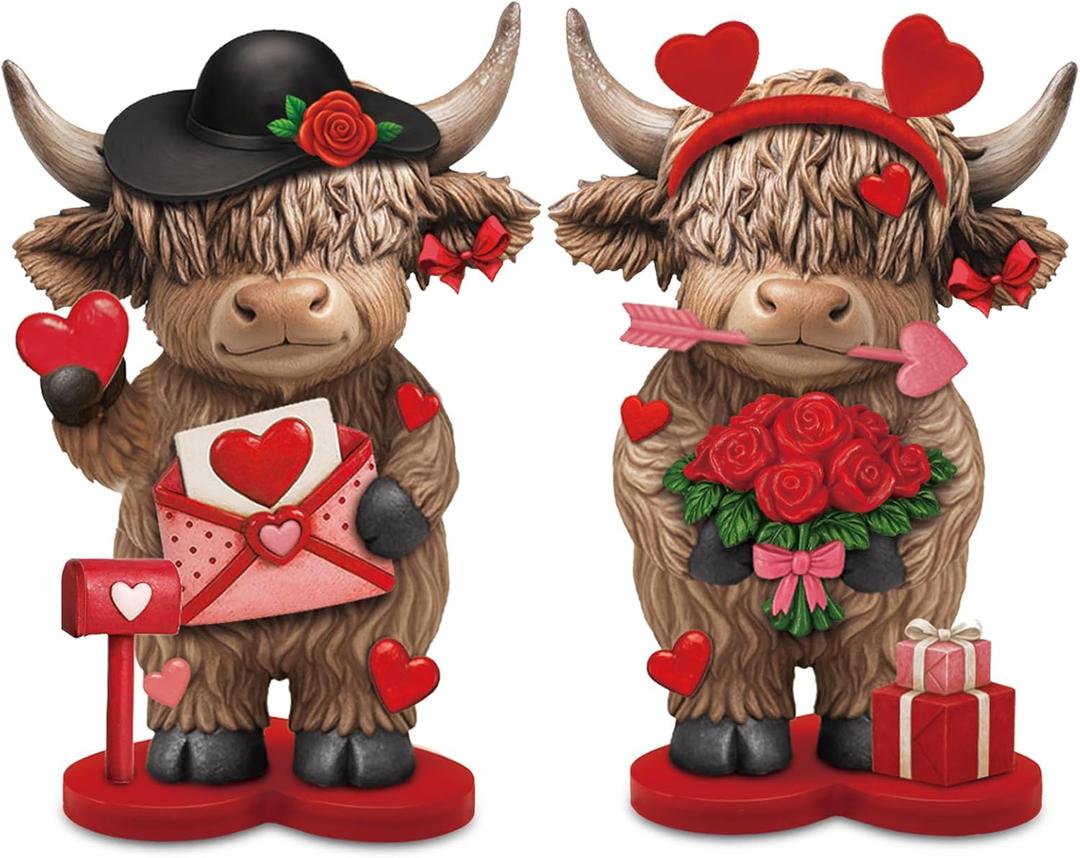 Thyle 2 Pcs Valentine's Day Gift Highland Cow Figurines, Cute Love Couple Cow Statue with Roses and Heart Letter for Romantic Farmhouse Home Shelf Tabletop Decoration Galentine's Day Gifts