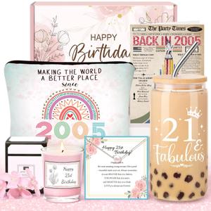 21st Birthday Gifts for Her – Unique Gift for 21 Year Old Woman, 5PCS Gift Box with 16oz Coffee Cup, Candle, Necklace, Makeup Bag & Card – Vintage 2005 Birthday Gifts for Women