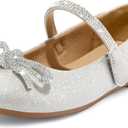 K KomForme Girl's Bow Mary Jane Dress Shoes Ballet Princess Flats with Rhinestone Strap for Party Wedding School, 1 Big Kid