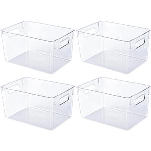 JollyPack 4 Pack Clear Plastic Storage Bins, Pantry Organizers and Storage with Handles, Clear Storage Containers for Fridge, Kitchen, Cabinet, Bathroom and Office (4pack 11.2"Lx 7.5"W x 6" H)