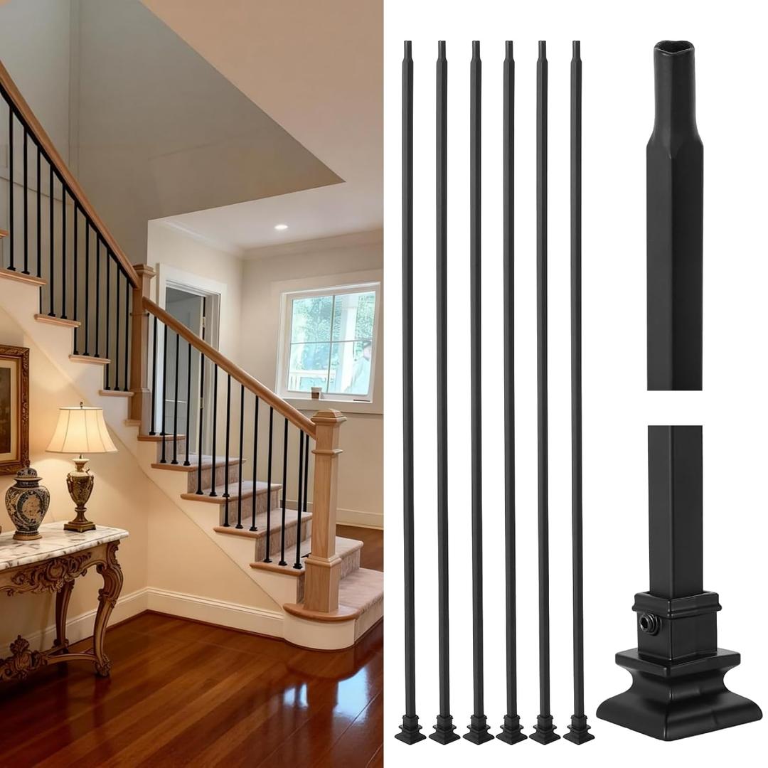 WICHEMI 42 Pack Spindles for Staircase Indoor, 44" x1/2" Wrought Iron Balusters for Stairs, Square Straight Deck Railing and Posts with Baluster Plate Shoes