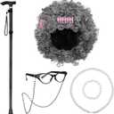 AOTHSO 6 Pieces Old Lady Wig Costume Set for Halloween Grandma Wig Granny Cane Hair Roller Glasses Necklace Bracelet (Light Gray)