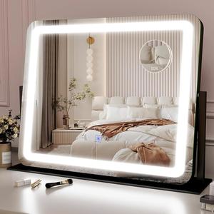 ROLOVE 22x17 Inch Lighted Vanity Mirror with Dimmable LED Lights - 3 Color Modes, Smart Touch Control & 360 Rotating Base - Desk Makeup Mirror (Black)