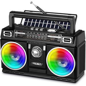 PRUNUS 750 AM FM Radio Portable with Bluetooth Speaker, USB TF Card Playing, Solar/USB-C Rechargeable Radios, Double Speaker, Colorful Light, Transistor Radios Portable AM FM, Bluetooth Radio