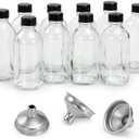 9 Pack, 4 oz Small Clear Glass Bottles w/Lids & 3 Stainless Steel Funnel - 120ml Boston Round Sample Bottle for Potion, Juice, Ginger Shot, Wellness, Oils, Whiskey, Liquids - Leakproof Travel Bottle