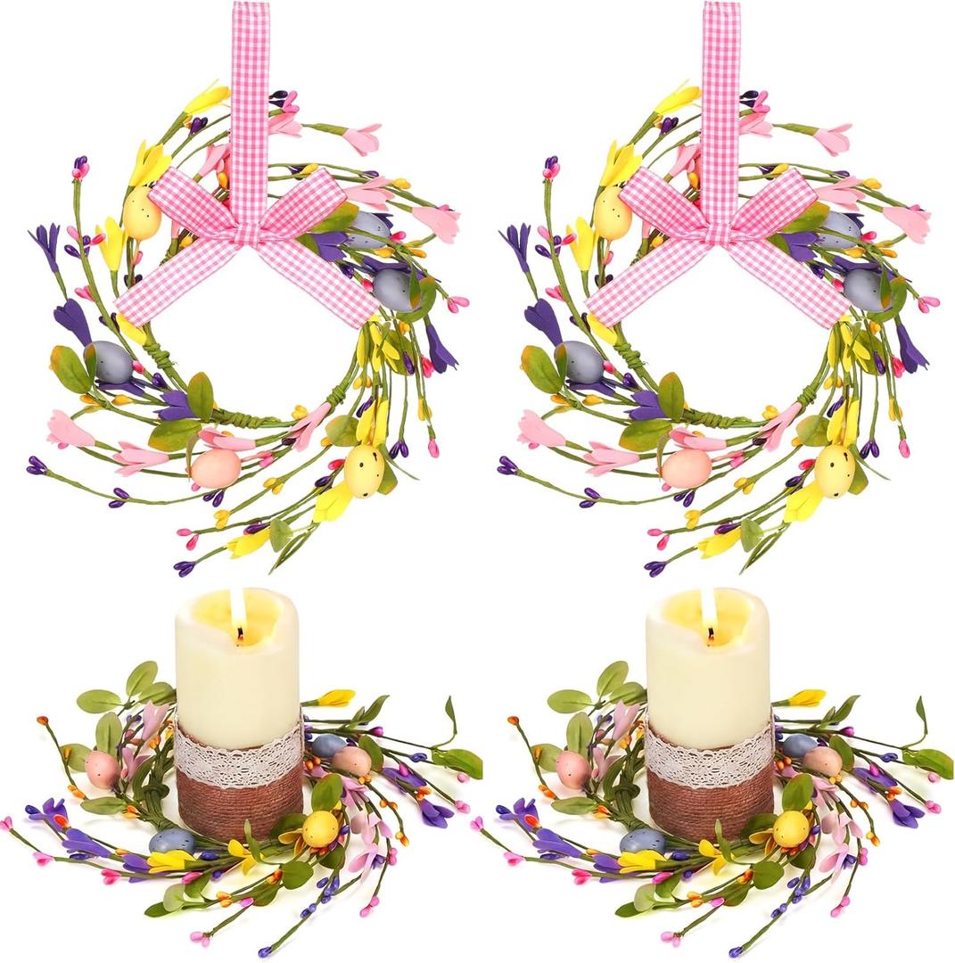 4 Pcs 9.5" Small Easter Wreaths for Cabinet Mini Spring Artificial Easter Egg Wreath with Forsythia Flowers and Ribbon Bow for Spring Kitchen Front Door Porch Window Wall Cabinet Decor