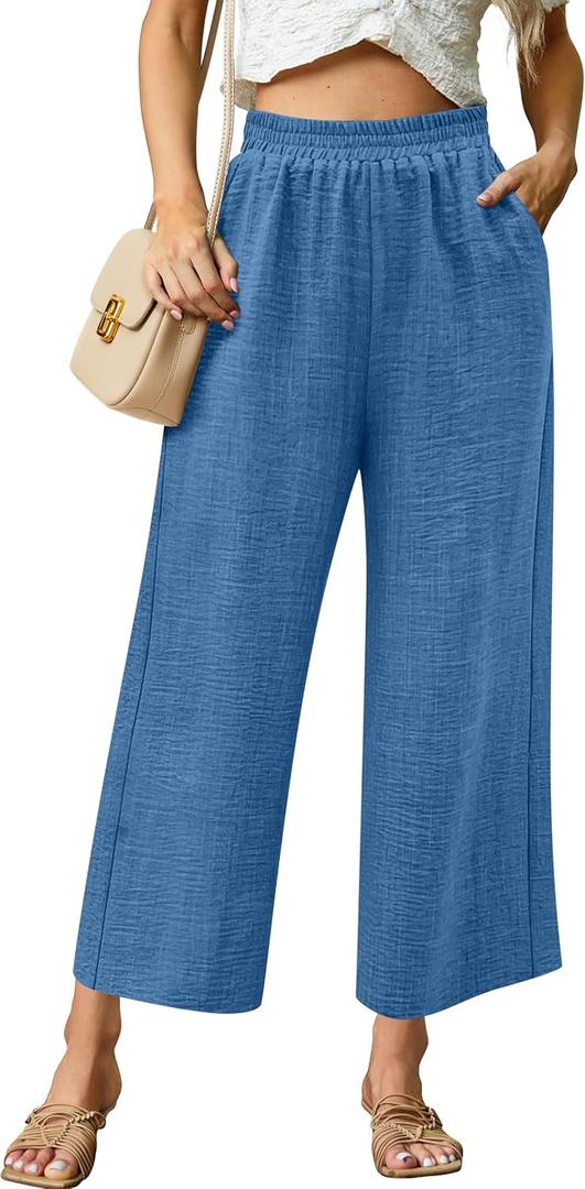 Womens Wide Leg Capri Pants Summer Palazzo Dressy Casual Pant Beach Loose High Waist Lounge Flowy Trouser with Pockets Navy (Blue, XL)