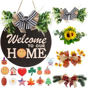 Interchangeable Welcome Sign for Front Door Decoration with 4 Seasonal Wreaths and 14 Holiday Icons, Black Welcome Door Hanger, Rustic Wooden Front Porch Sign Home dcorBlack