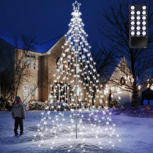 Flacchi 10 FT 404 LED Star String Lights Outdoor - Pole Set with Remote, Multiple Lighting Modes, Timer, and Waterproof Feature for Ultimate Holiday Decor (Cool White)