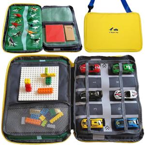 Portable kids toys storage bag with alloy toy cars, simulated dinosaurs, building blocks, base plates and a city road map. Educational travel toy set, suitable as a birthday gift for children aged 3-6