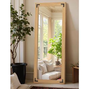 Full Length Mirror with Wooden Frame, 65"X24" Solid Wood Standing Floor Mirror for Farmhouse, Bathroom, Bedroom, Hanging or Leaning Wall-Mounted(Natural) (White)
