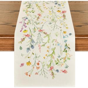 Artoid Mode Wildflowers Bloom Flowers Spring Table Runner, Seasonal Summer Floral Kitchen Dining Table Decoration for Home Party Decor 13x90 Inch (Beige)