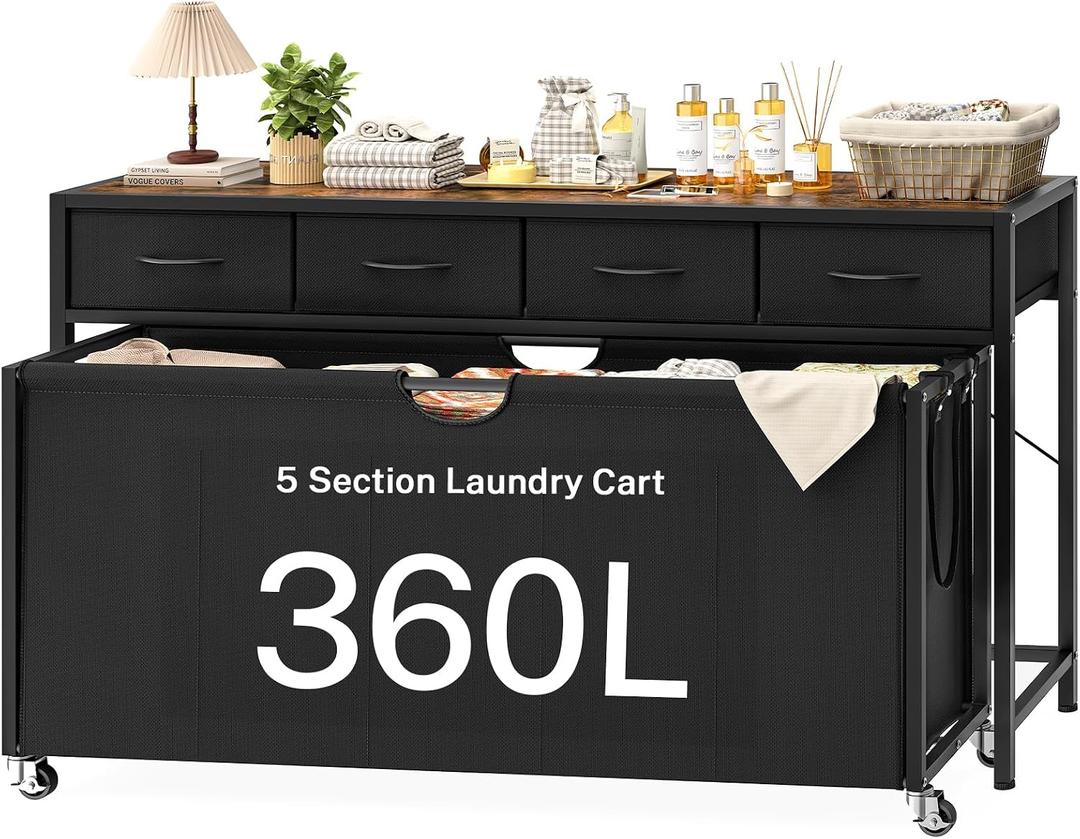 Laundry Sorter, Rolling Laundry Hamper with 5 Section Pul-Out Bags, Laundry Basket Organizer with 4 Drawers, Laundry Hamper with Wheels for Laundry Room Organization, Bathroom, Bedroom, 360 L