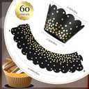 Zhehao 60 Pcs Gold Polka Dots Cupcake Wrappers Adjustable Graduation Cupcake Liners Paper Baking Cups Disposable Muffin Liners Holders for Birthday Baby Shower Wedding Party Supplies(Black)