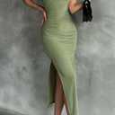 Womens' Sexy Summer One Shoulder Bodycon Long Stretchy Skin Tight Side Slit Date Night Dresses (Green, L)