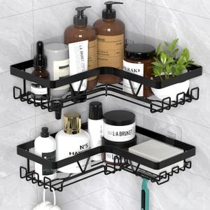 KEGII Corner Shower Caddy Adhesive - 2 Pack Shower Shelf with Hooks and Soap Holder, No Drilling Waterproof Shower Shelves for Bathroom (Black)
