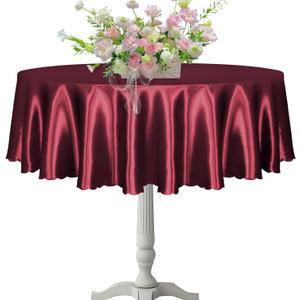 KKJIAF 1 Pack 60 Inch / 5ft Round Table Cloth, Burgundy Overlay Round Satin Table Cover, Silky Satin Dining Tablecloths for Wedding Buffet Parties Banquet Decoration