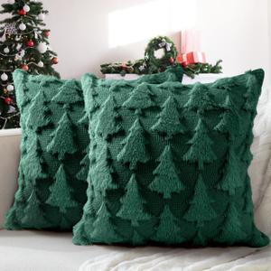 Christmas Pillow Covers 18x18 inch, Set of 2 Christmas Tree Decoration Soft Plush Faux Fur Throw Pillows Covers for Winter Holiday Festivals Bedroom Sofa Home Decor (Green)