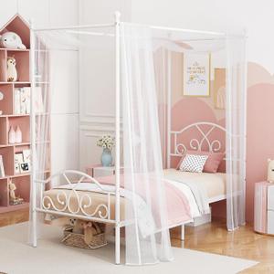Twin Princess Canopy Bed Frame with 4 Posters, Twin Size Bed for Kids Girls White