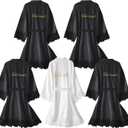 5 Pcs Bridesmaid Kimono Robe Sets Bride Silky Wedding Day Bathrobe with Lace Trim Embroidered Getting Ready (One Size, Black, White)