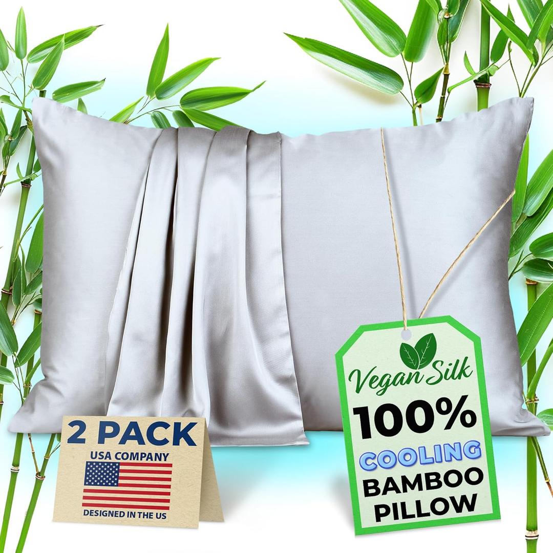 Pillow Cases - 100% Viscose Derived from Bamboo - Cooling Pillowcase - King Size, Silver Gray, Set of 2 Zippered - for Hot Sleepers - Soft Pillow Covers - by Vegan Silk