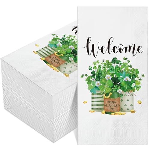 Outus 100 Pcs St. Patrick's Day Napkins Welcome Shamrocks Paper Guest Towels Disposable Green Hand Towels Clovers for Home and Kitchen Saint Patty's Day Irish Cultural Party Supplies
