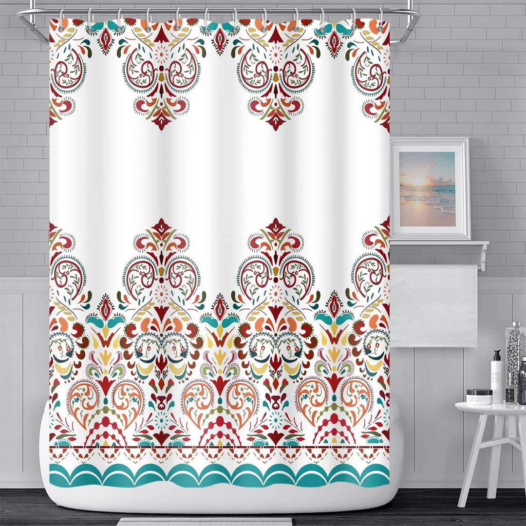 Bohemian Bathroom Shower Curtain Elegant Boho Colorful Floral Exotic Paisley Damask Shower Curtains Waterproof Polyester Fabric Bath Curtain with Hooks for Home Decorative, 72x78 Inch