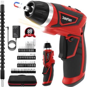 Cordless Electric Screwdriver Set, 8V 10Nm Rechargeable Screwdriver Kit with 89pcs Accessories, 10+1 Torque Settings, 2 Position Handle, Battery Indicator, Flexible Shaft, LED Light (Red)