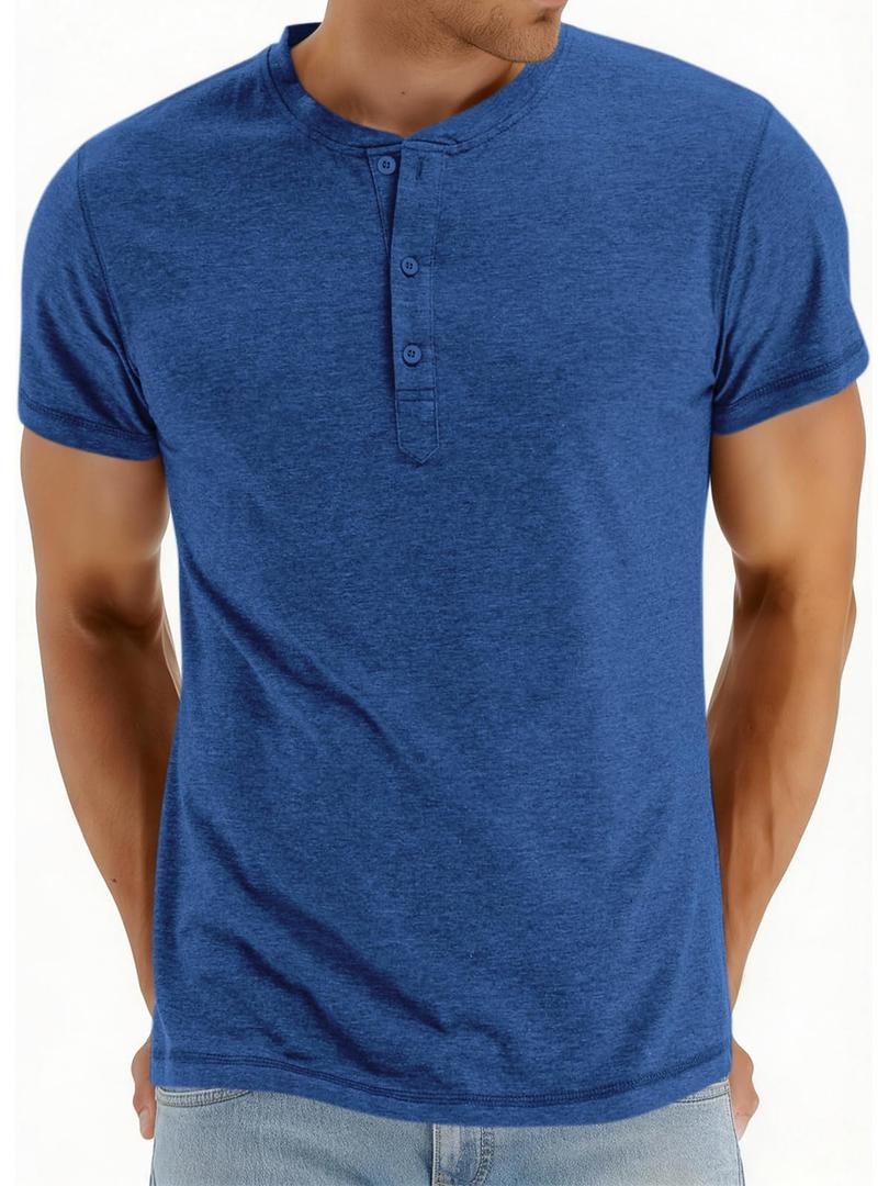 LIFROWI Henley Shirts for Men Short Sleeve Mens T-Shirts Casual V Neck T Shirts Soft Basic Tee Classic Plain Shirts for Summer with Button(1-Blue,X-Large)