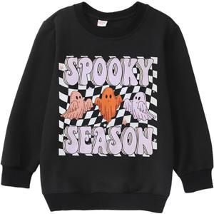 MODNTOGA Kids Boy Girl Crewneck Sweatshirt Ghost Graphic Spooky Season Letter Print Halloween Shirt Long Sleeve Pullover Tops (11-12 Years, Black)