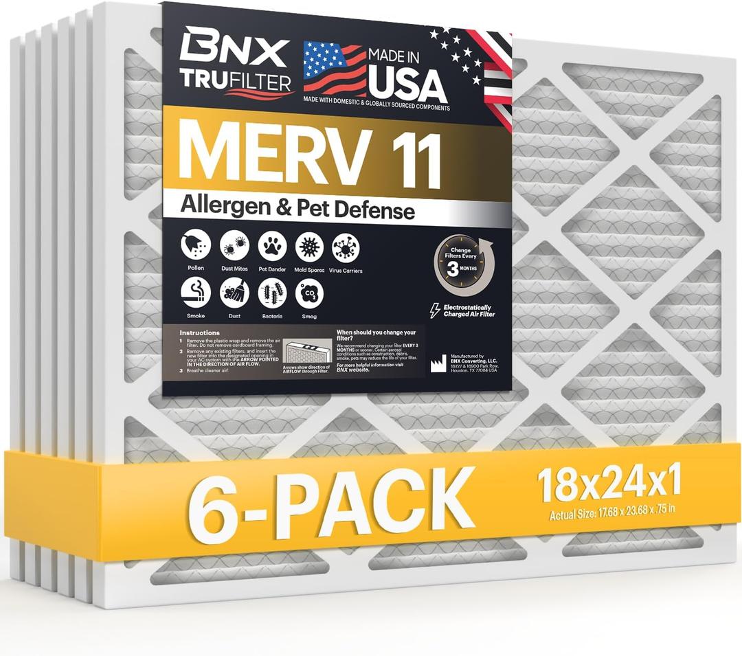 BNX TruFilter 18x24x1 Air Filter MERV 11 (6-Pack) - MADE IN USA - Allergen Defense Electrostatic Pleated Air Conditioner HVAC AC Furnace Filters for Allergies, Dust, Pet, Smoke, Allergy MPR 1200 FPR 7