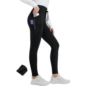 baleaf Women's Thermal Fleece Lined Leggings with Pockets Ankle Zip Reflective Water Resistant High Waisted Warm Snow Pants (Black)