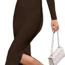 Women's Bodycon Maxi Dress Winter Fall Long Sleeve Side Slit Dresses Knit Fitted Tight Basic Party Club Cocktail (Brown, M)