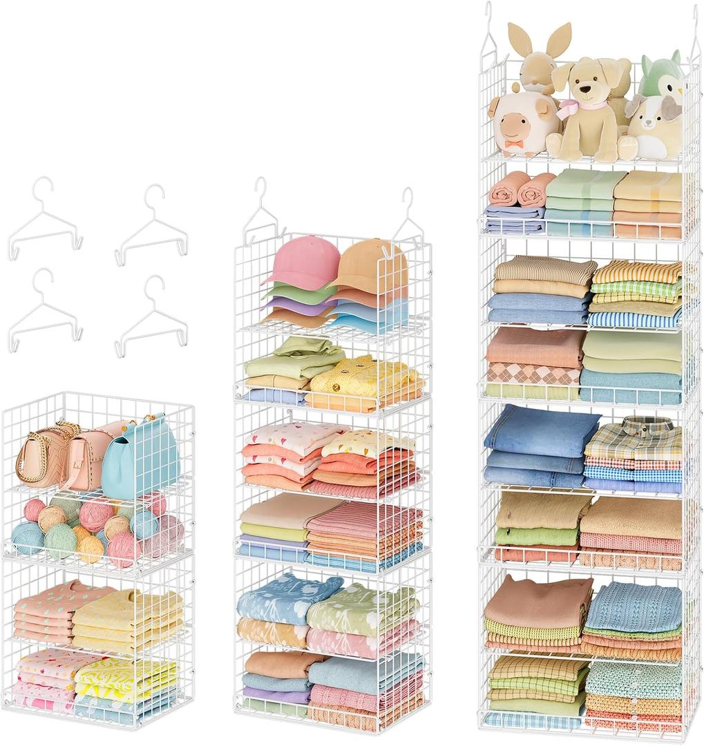 8 Tier Extended Width Hanging Closet Organizer, Sweater Storage for Closet Organizer System, Stackable Wire Basket Bins for Clothes Purse Shoes, Hanging Shelves with 4 Hooks & 4 Dividers Adjustable