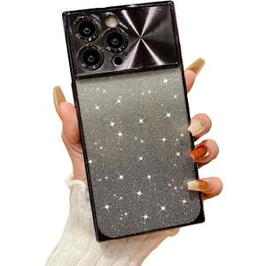 for iPhone 14 Pro Max Case Glitter Gradient,Luxury Sparkle & Clear Phone Case Bling Cute for Women Electroplate Full Lens Protection Reinforced Corners Shockproof Edge Protective Cover-Black