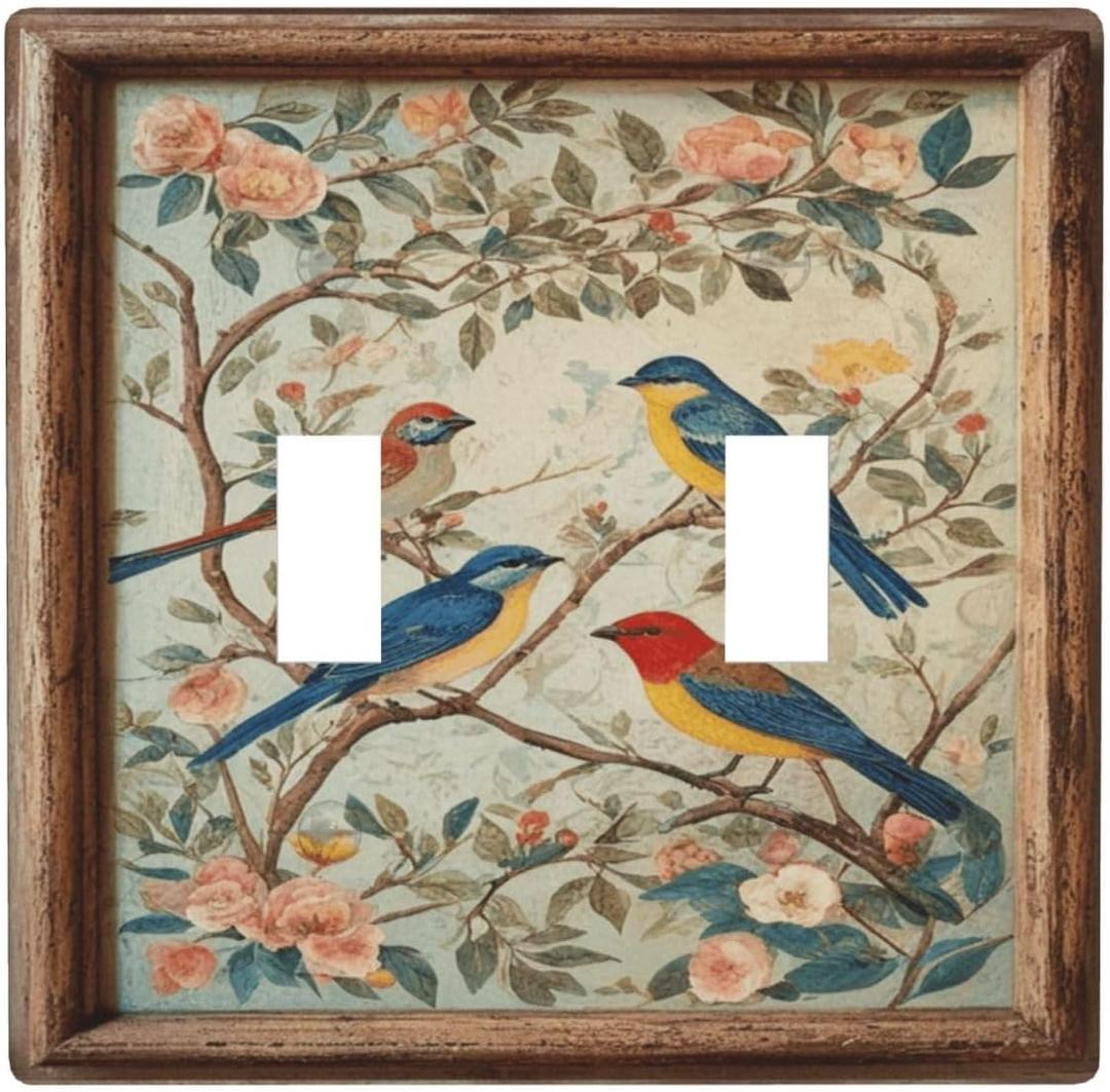 Decorative Art Light Switch Covers Vintage Bird - Flower Painting 2 Gang Double Toggle Wall Plate Decorative Switchcover Electrical Switchplate for Home Decor