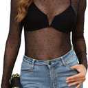 OFEEFAN Womens Long Sleeve Mesh Top See Through Mock Neck Sheer Blouses (Black, S)