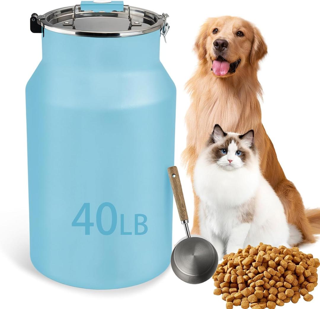 Dog-Cat Food Storage Container 40 lb/38 Qt Large Pet Food Bin with Airtight Lid, 304 Stainless Steel Construction & Scoop Included, Durable Metal Dog Food Storage for Dogs & Cats, Blue