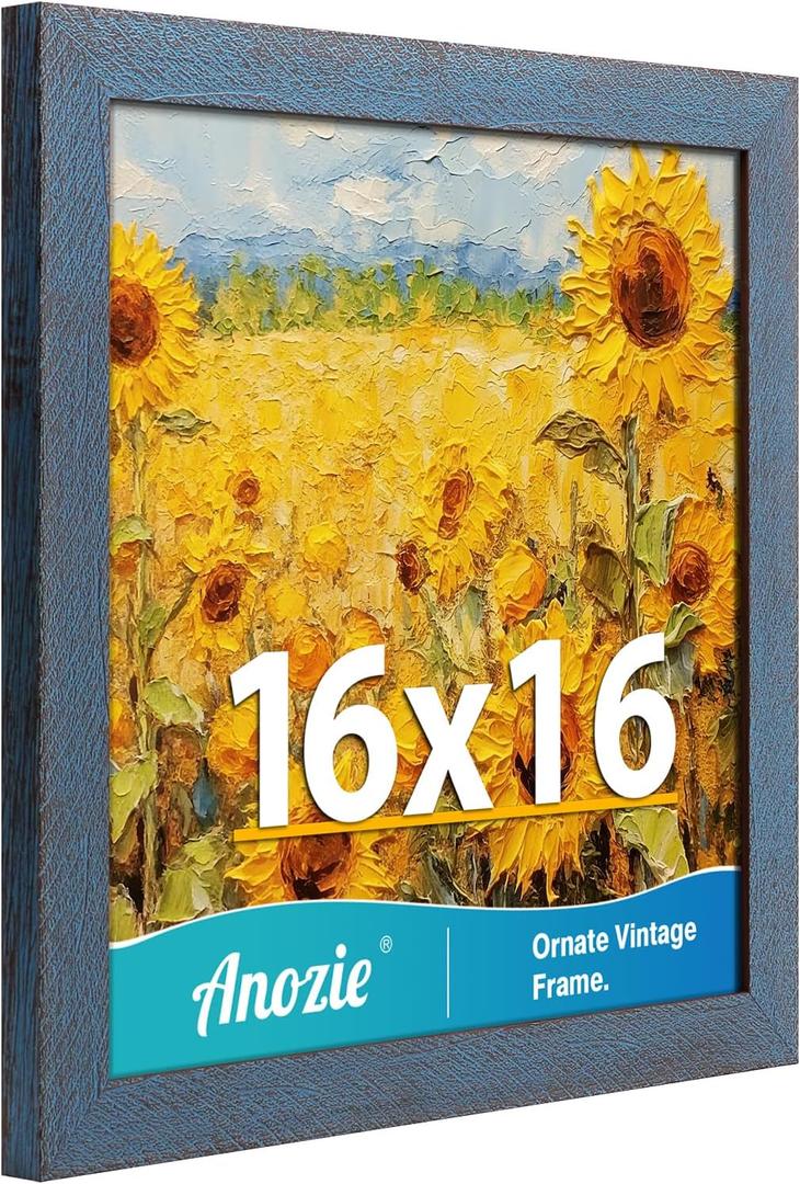 16x16 Frame, Vintage 16 x 16 Picture Frame Plexiglass Glass for Wall Display, Square Rustic 16x16 Photo Picture Frame, Antique Blue Collage Gallery Wall Picture Frames, Widen Border