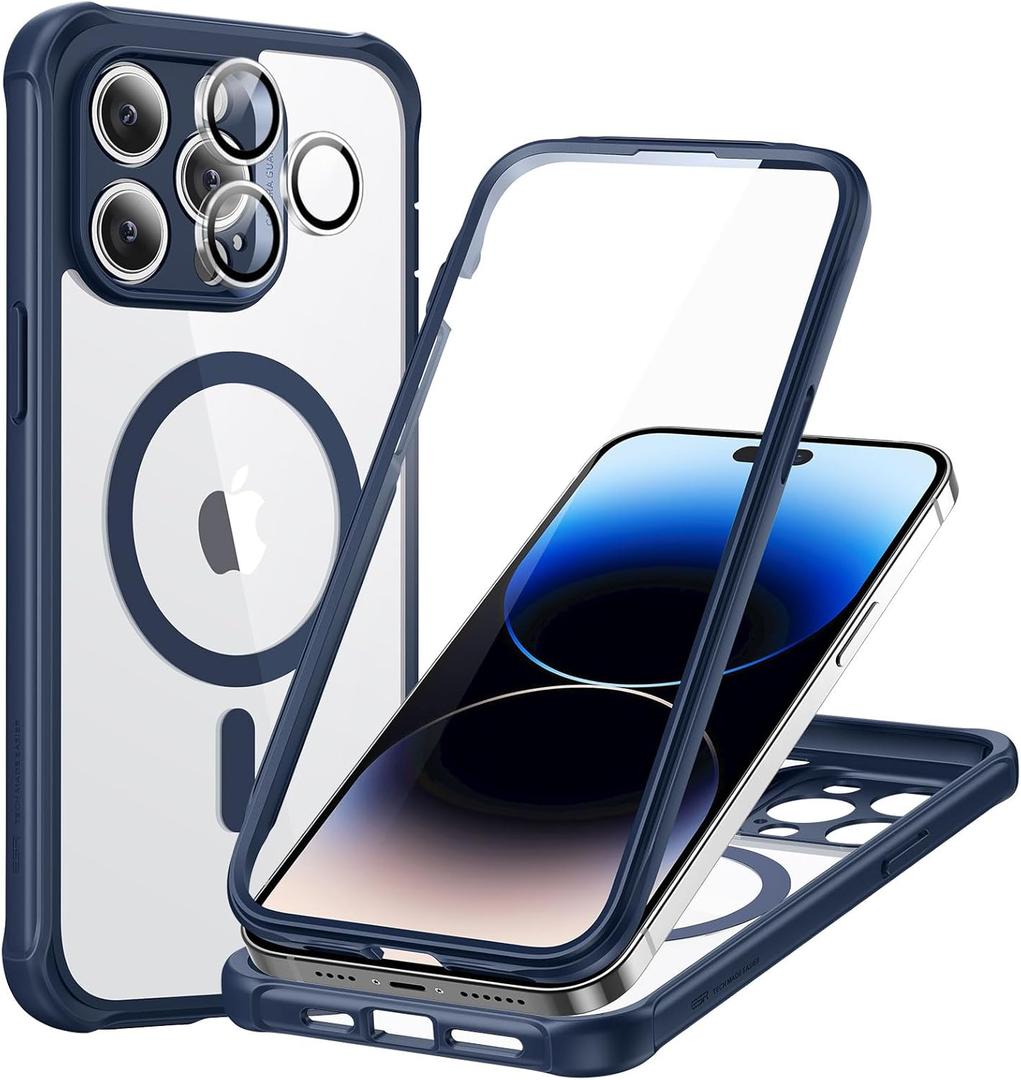 ESR for iPhone 14 Pro Max Case, Compatible with MagSafe, Full-Body Military-Grade Drop Proof Case with Built-in 9H+ Tempered Glass Screen Protector, Armor Series, Clear Blue