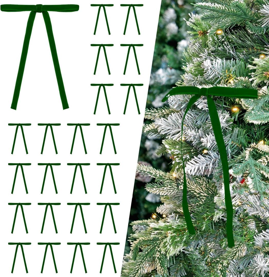 2 x 24 Pcs Green Velvet Bows Ornaments for Christmas Tree, Vintage Rustic Elegant Velvet Christmas Bows Tree Decorations, Indoor Home Decor for Wreath Mantle Gift Wrap Holiday Decor, 3/8'' W, 5 * 7 inch