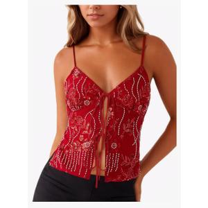 Ythomm Women Sequin Cami Tank Tops Sparkle Rhinestone Sleeveless Camisole Tie Up Front Backless Y2k Crop Tops Summer Clubwear S